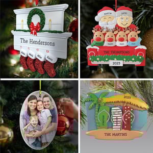 Four personalized Christmas ornaments: a mantel with stockings for \“The Hendersons,\“ a family in a truck with reindeer for \“The Thompsons\“ dated 2025, a family photo ornament, and a beach scene with surfboards for \“The Martins\“ dated 2025.