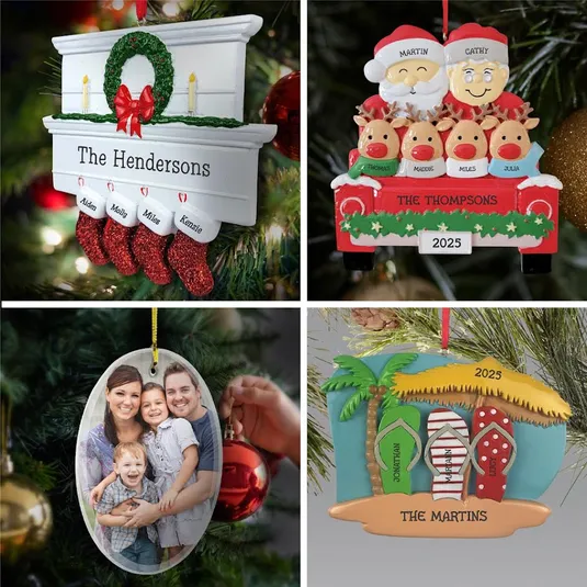 Four personalized Christmas ornaments: a mantel with stockings for \“The Hendersons,\“ a family in a truck with reindeer for \“The Thompsons\“ dated 2025, a family photo ornament, and a beach scene with surfboards for \“The Martins\“ dated 2025.