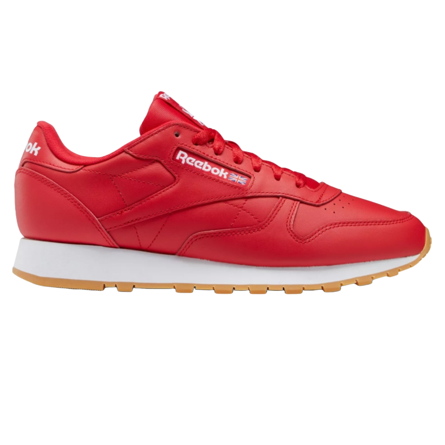 Red Reebok Classic Leather sneaker with a white midsole and gum outsole, featuring the Reebok logo and Union Jack flag on the side.