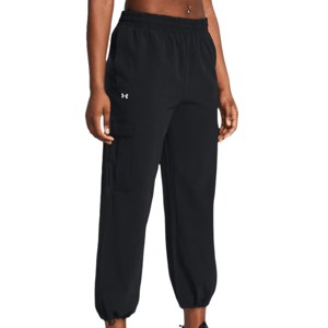 Black athletic pants with an elastic waistband, ankle cuffs, and a side pocket featuring the Under Armour logo.