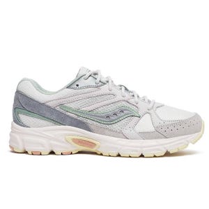A pair of Saucony sneakers with a mesh and suede design, featuring pastel shades of gray, green, and white, and a cushioned sole.