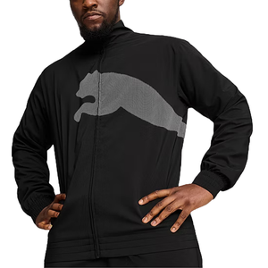 Black track jacket featuring a large gray leaping animal logo on the front, with a full zipper and elastic cuffs.