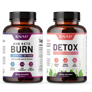Keto & Detox Bundle includes two dietary supplements: BHB Keto Burn for calorie burning, appetite suppression, and metabolism boost, and Detox for toxin flushing, digestion improvement, and gut health, each containing 60 capsules.