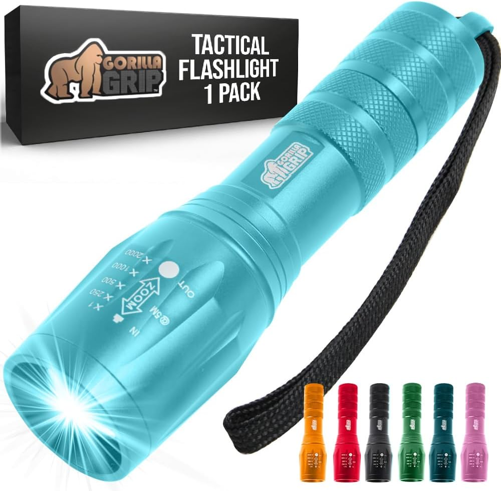 Tactical flashlight by Gorilla Grip, shown in blue with adjustable focus. Also available in various colors, includes a lanyard for easy carrying.