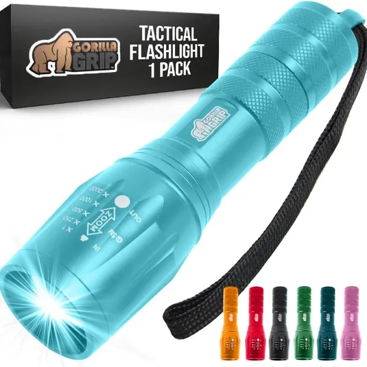 Tactical flashlight by Gorilla Grip, shown in blue with adjustable focus. Also available in various colors, includes a lanyard for easy carrying.
