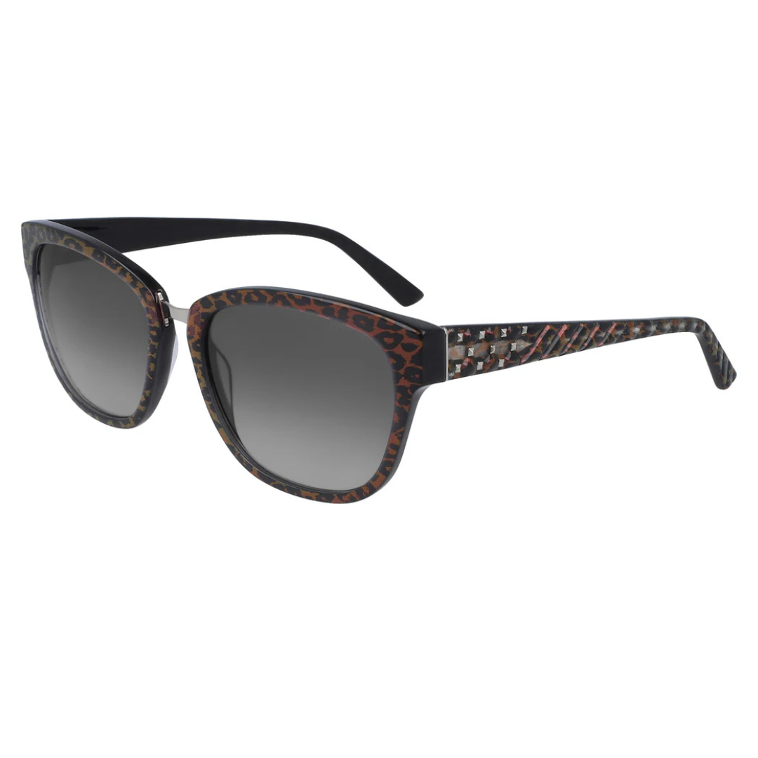 A pair of sunglasses with dark lenses and a leopard print frame.