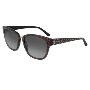 A pair of sunglasses with dark lenses and a leopard print frame.