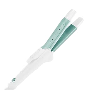 A dual-purpose hair styling tool with a curved, mint-green handle and white accents, suitable for curling and straightening.