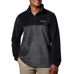 A men's Columbia Steens Mountain pullover fleece in a two-tone dark and medium gray, featuring a quarter-zip design, elastic cuffs, and the Columbia logo on the chest.