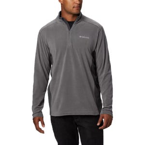A men's gray Columbia quarter-zip fleece sweatshirt with long sleeves, featuring a subtle embroidered logo on the chest.