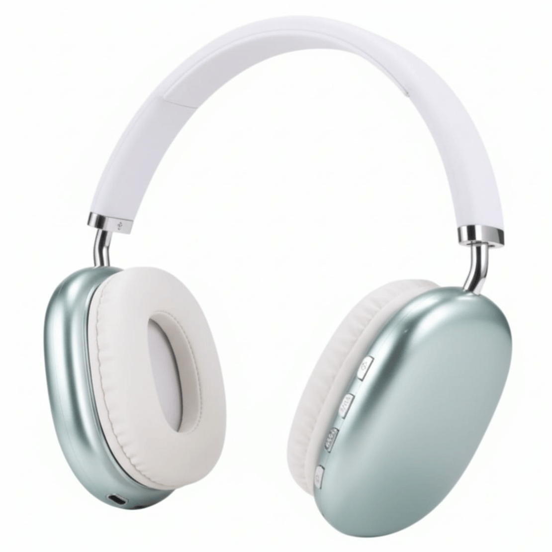 Over-ear headphones with metallic light green ear cups, white and silver accents, and control buttons on the right side.