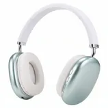 Over-ear headphones with metallic light green ear cups, white and silver accents, and control buttons on the right side.