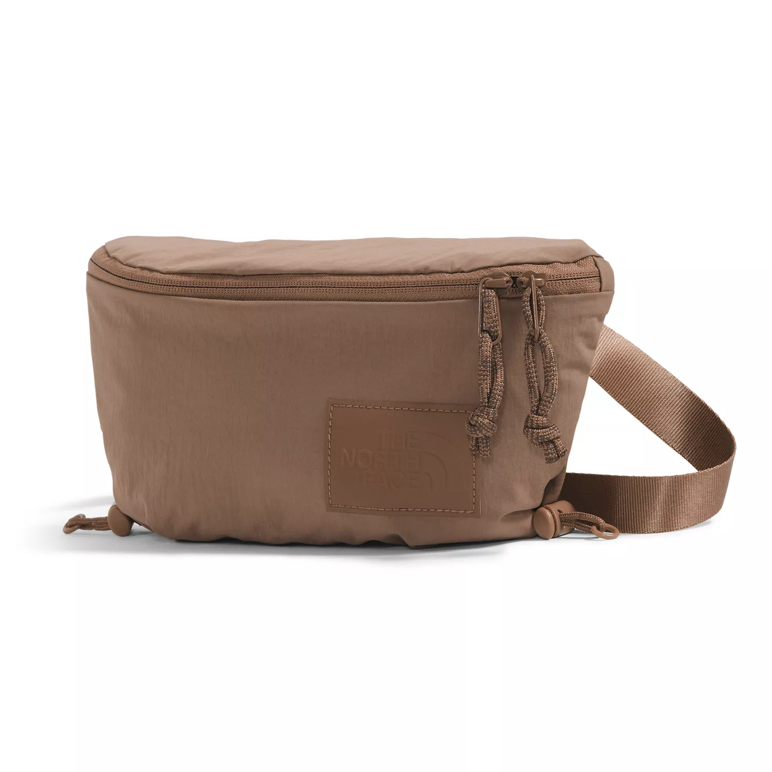 A brown waist bag from The North Face with a zippered main compartment and adjustable strap.