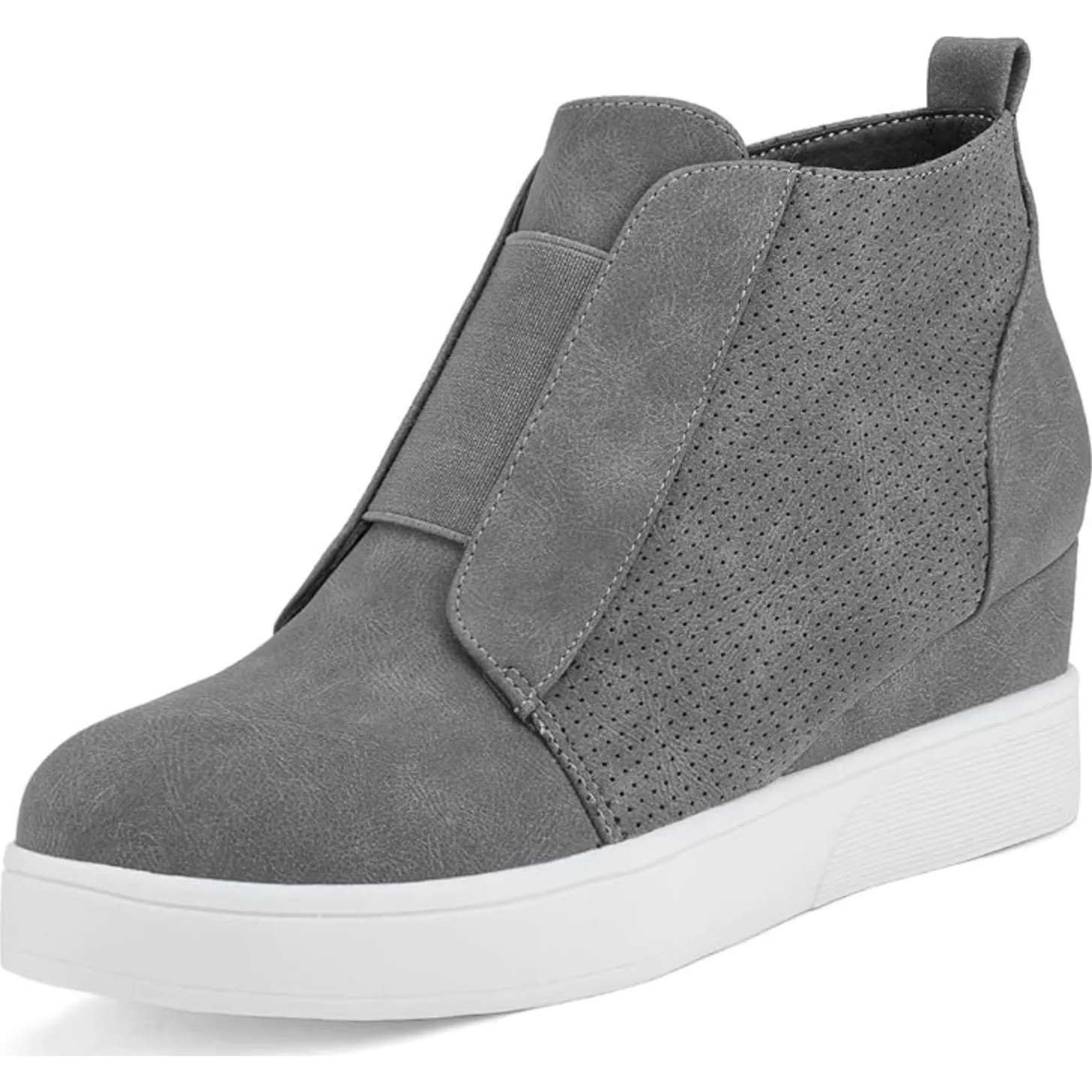 Gray women's wedge sneakers featuring a subtle perforated design, slip-on style with elastic panels, a hidden wedge heel, and a white rubber sole.