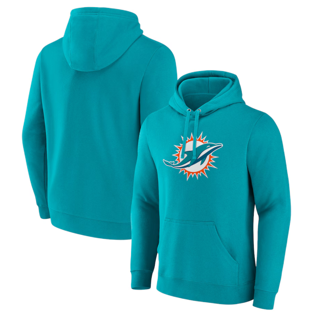 Teal hoodie featuring a Dolphins logo on the front, displaying a classic pullover style with a front pocket and drawstring hood.