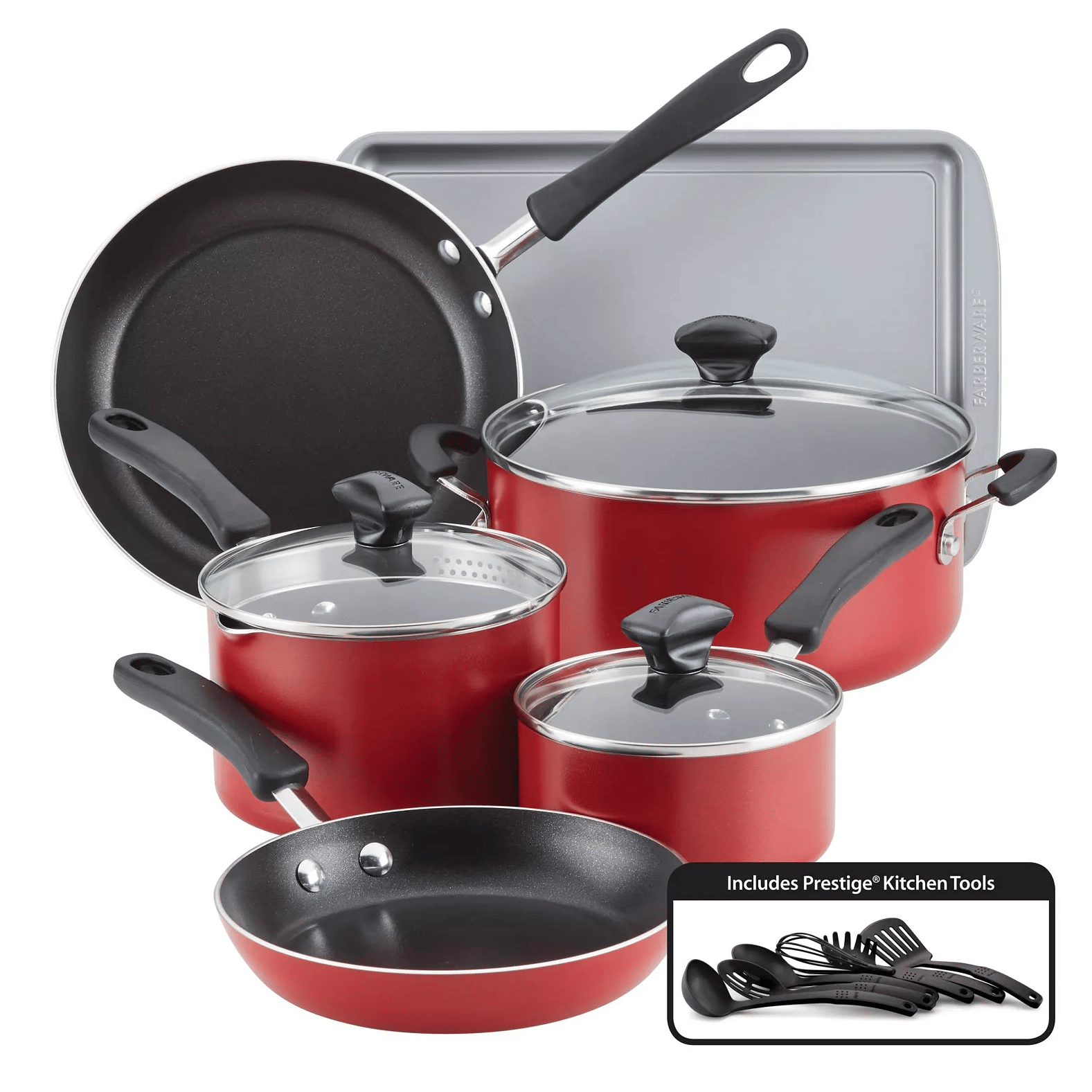 Cookware set including non-stick frying pans, saucepans with lids, a large pot, a baking sheet, and kitchen tools.