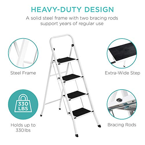 A heavy-duty ladder with a solid steel frame, extra-wide steps, bracing rods, and a 330 lbs weight capacity.