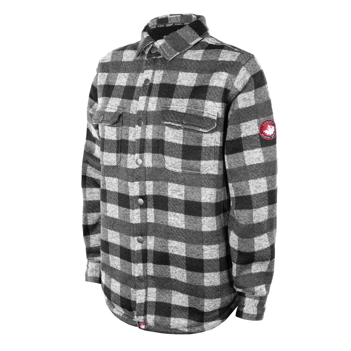 A black and white checkered sherpa-lined flannel shirt with a button-up front, two chest pockets, and a red logo patch on the upper left arm.