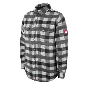 A black and white checkered sherpa-lined flannel shirt with a button-up front, two chest pockets, and a red logo patch on the upper left arm.