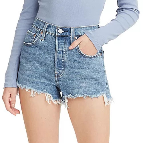 A person wearing high-waisted, frayed denim shorts with a light blue long-sleeve top.