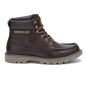 Brown leather lace-up boots with a rugged design, sturdy sole, and prominent Caterpillar branding on the side.
