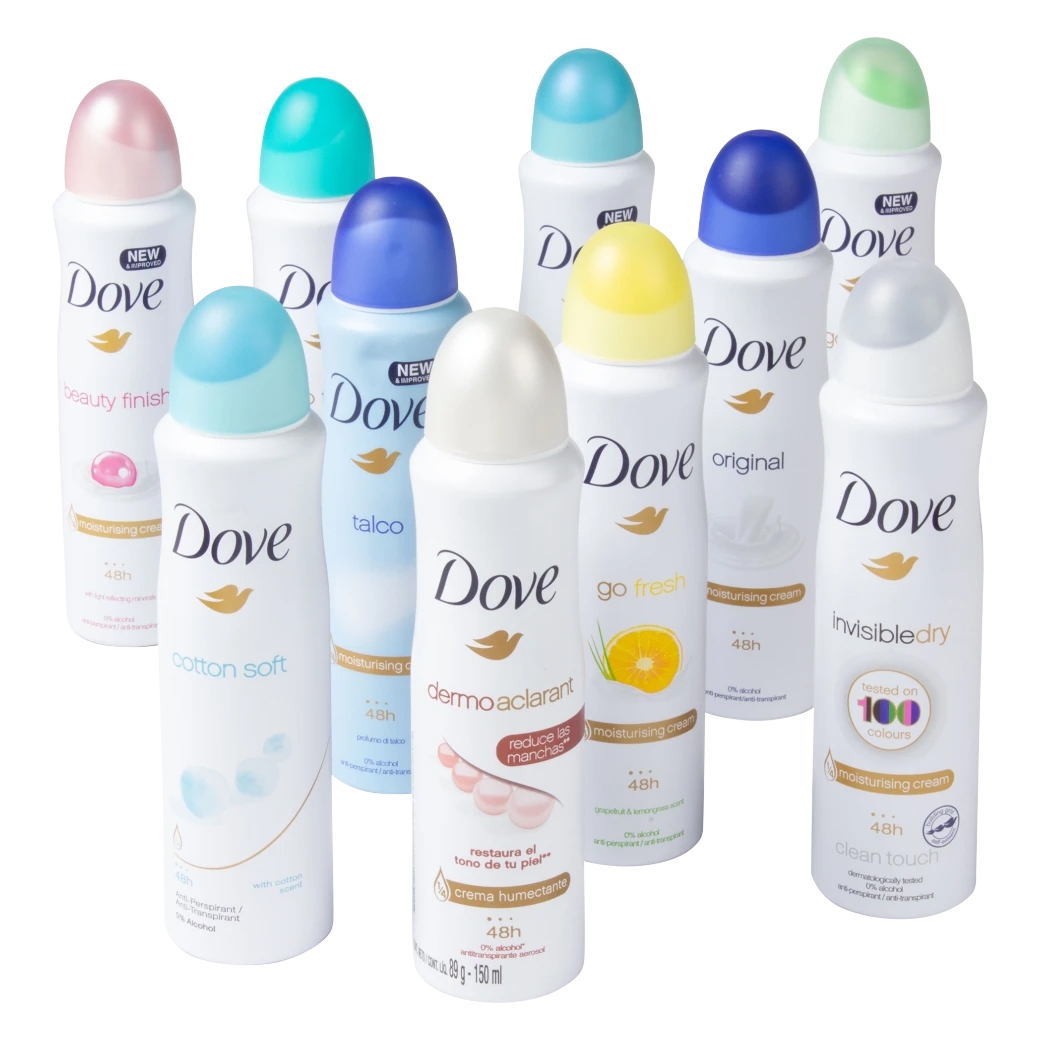 10-pack of Dove spray deodorants, featuring various scents like Beauty Finish, Cotton Soft, Talco, Dermo Aclarant, Go Fresh Grapefruit & Lemongrass, Original, and Invisible Dry. Each can is 150ml, offering 48-hour protection with moisturizing cream.
