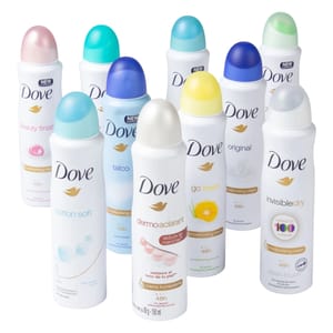 10-pack of Dove spray deodorants, featuring various scents like Beauty Finish, Cotton Soft, Talco, Dermo Aclarant, Go Fresh Grapefruit & Lemongrass, Original, and Invisible Dry. Each can is 150ml, offering 48-hour protection with moisturizing cream.