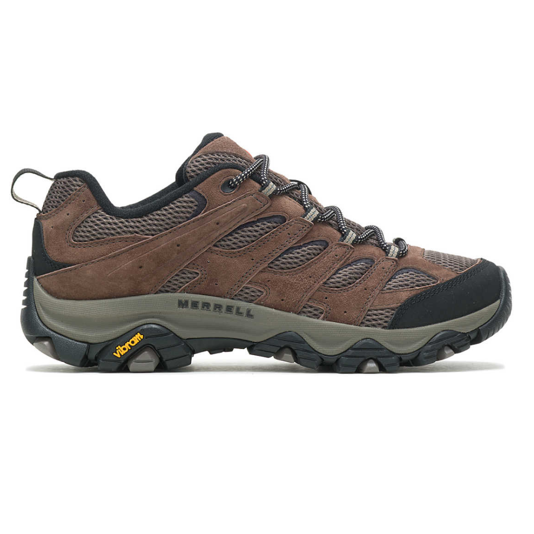 Merrell hiking shoe with a brown and black color scheme, featuring a Vibram outsole, mesh panels, and suede overlays for durability and breathability.