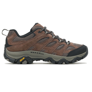 Merrell hiking shoe with a brown and black color scheme, featuring a Vibram outsole, mesh panels, and suede overlays for durability and breathability.