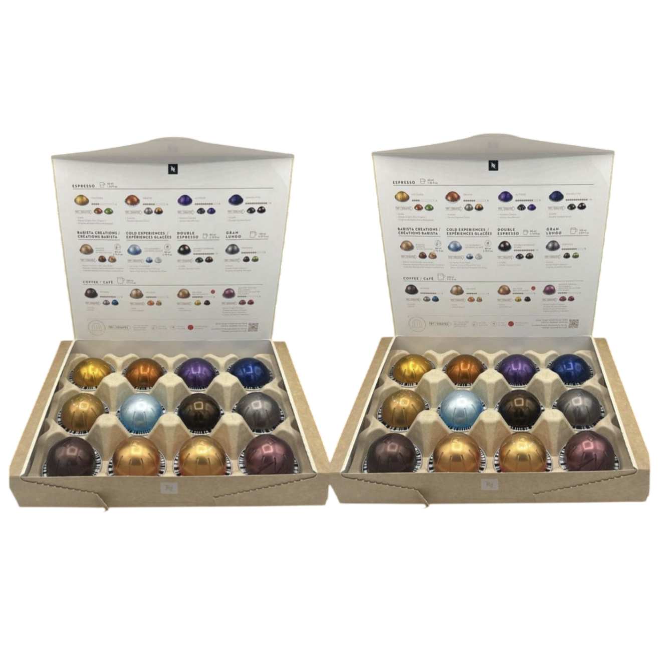 Two boxes containing Nespresso coffee pods of various colors, each arranged in a 5x3 grid. The boxes have labels detailing different coffee types such as espresso, double espresso, gran lungo, and barista creations.