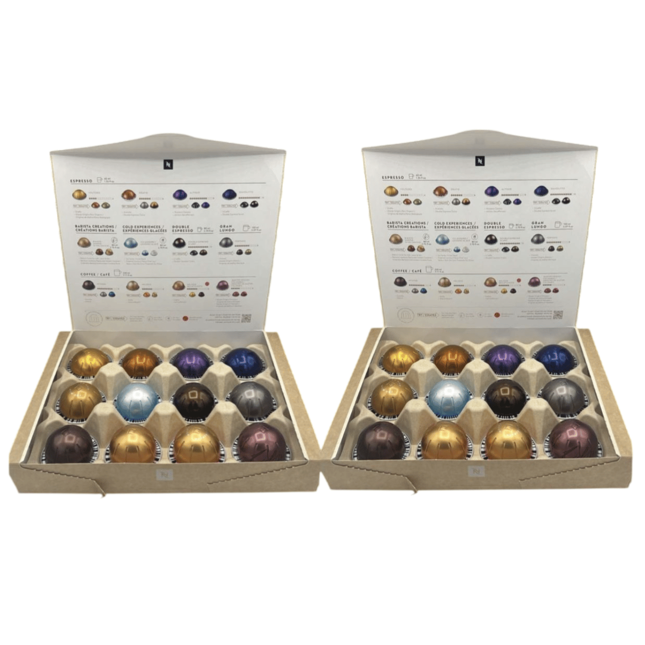 Two boxes containing Nespresso coffee pods of various colors, each arranged in a 5x3 grid. The boxes have labels detailing different coffee types such as espresso, double espresso, gran lungo, and barista creations.