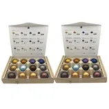Two boxes containing Nespresso coffee pods of various colors, each arranged in a 5x3 grid. The boxes have labels detailing different coffee types such as espresso, double espresso, gran lungo, and barista creations.