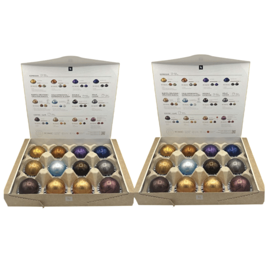 Two boxes containing Nespresso coffee pods of various colors, each arranged in a 5x3 grid. The boxes have labels detailing different coffee types such as espresso, double espresso, gran lungo, and barista creations.