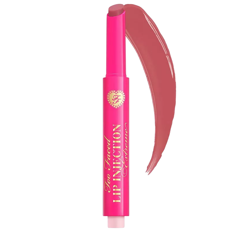 Too Faced Lip Injection Extreme, a lip plumping product in a bright pink tube, shown with a swatch of its color.