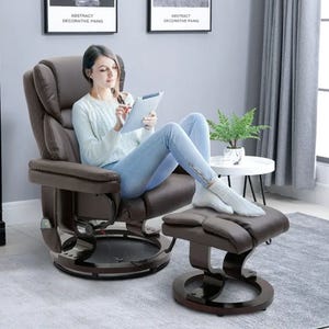 A woman is seated in a brown recliner chair with a matching footrest, holding a tablet.