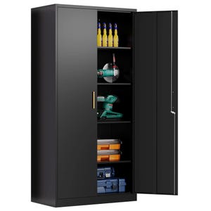 Black storage cabinet with shelves holding yellow bottles, power tools, and toolboxes.