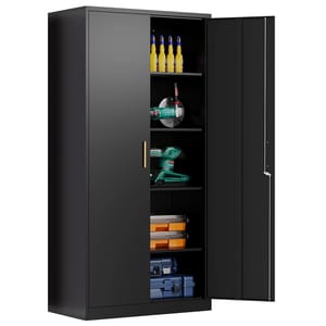 Black storage cabinet with shelves holding yellow bottles, power tools, and toolboxes.