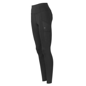 Black athletic leggings with a side pocket and a small logo on the thigh.