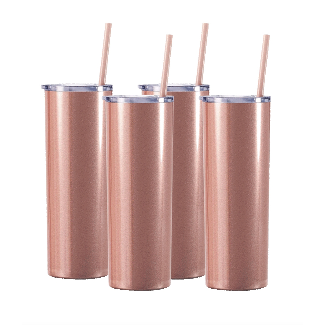 Set of four rose gold, 20oz stainless steel insulated tumblers with clear lids and matching straws, designed for hot or cold beverages.
