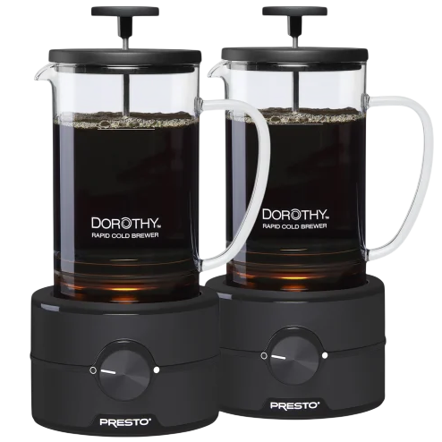 Two Presto Dorothy rapid cold brewers with transparent glass pitchers and black bases are designed for quickly making cold brew coffee.
