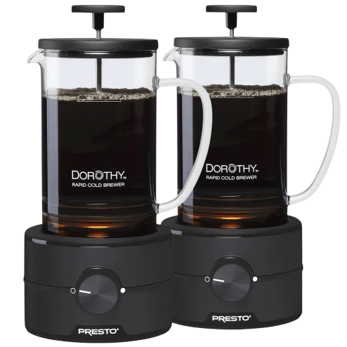 Two Presto Dorothy rapid cold brewers with transparent glass pitchers and black bases are designed for quickly making cold brew coffee.