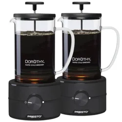 Two Presto Dorothy rapid cold brewers with transparent glass pitchers and black bases are designed for quickly making cold brew coffee.