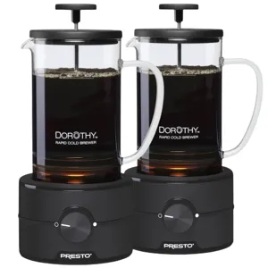 Two Presto Dorothy rapid cold brewers with transparent glass pitchers and black bases are designed for quickly making cold brew coffee.