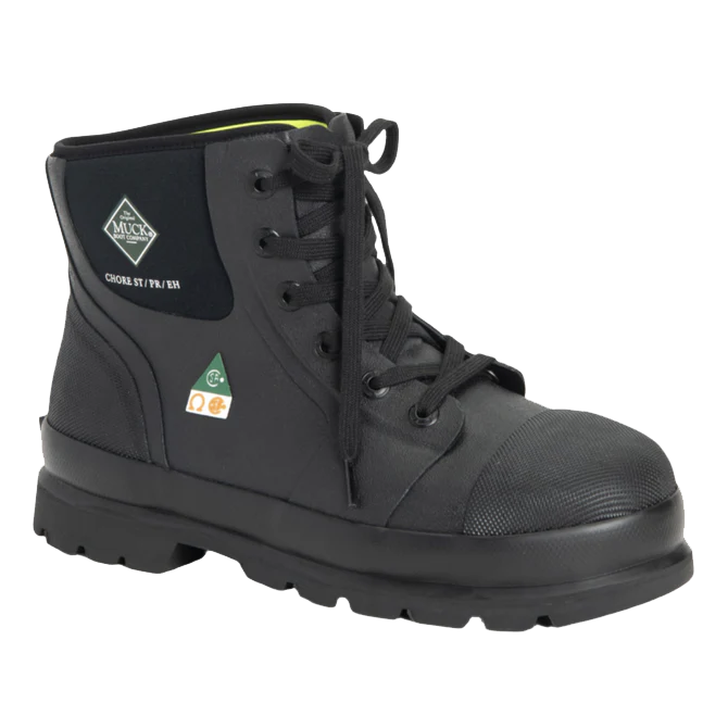 A black lace-up work boot with a reinforced toe, featuring safety certification labels and the Muck Boot Company logo.