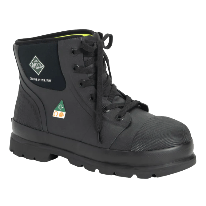 A black lace-up work boot with a reinforced toe, featuring safety certification labels and the Muck Boot Company logo.