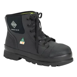 A black lace-up work boot with a reinforced toe, featuring safety certification labels and the Muck Boot Company logo.