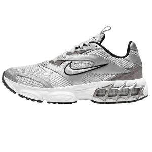 Nike Zoom Air Fire Shoes feature a mesh and leather upper in silver and white, with a black outlined swoosh, and a distinctive Air cushioning unit visible in the midsole for enhanced support and comfort.