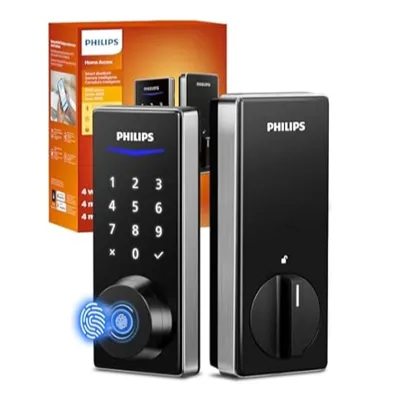 Philips smart door lock with fingerprint sensor and keypad, shown with packaging in the background.