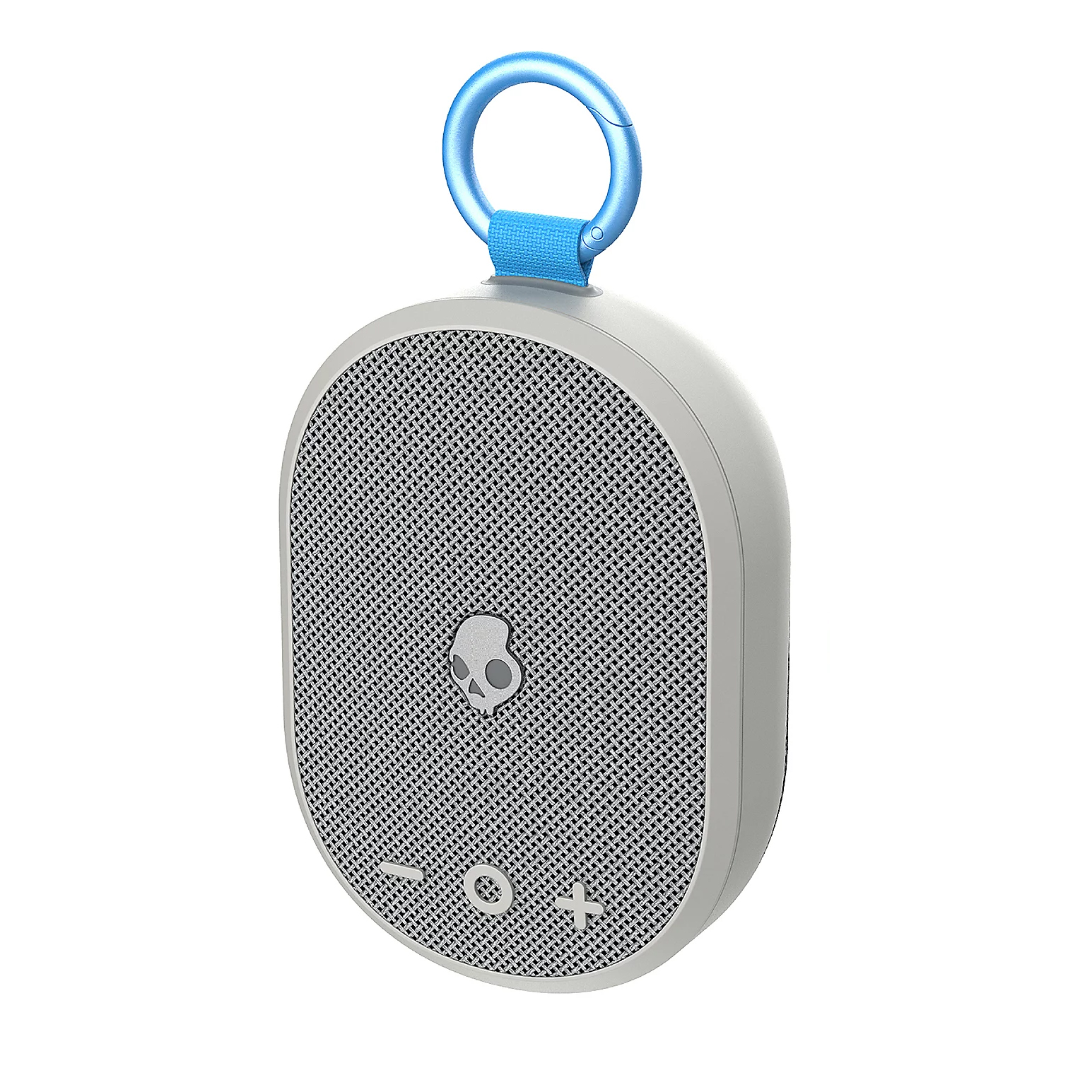 A compact Bluetooth speaker with a skull logo, featuring a blue loop handle and control buttons.