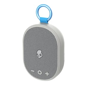 A compact Bluetooth speaker with a skull logo, featuring a blue loop handle and control buttons.